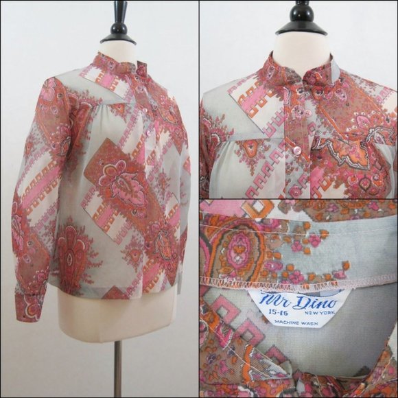 Vintage Mr. Dino 70s Blouse Psychedelic Print Nehru Collar Shirt Top - Picture 4 of 4